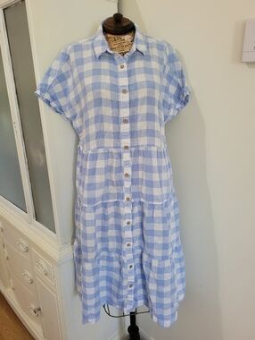 Isaac Mizrahi Blue and White 100% Linen Gingham Midi Dress Medium